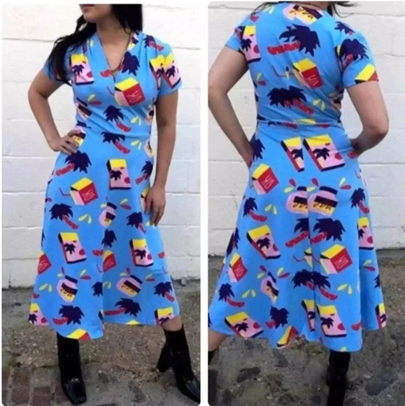Nooworks Snack Box Dress Greta Blue Snacks Midi Short Sleeve XS V Neck Made USA - Picture 1 of 9